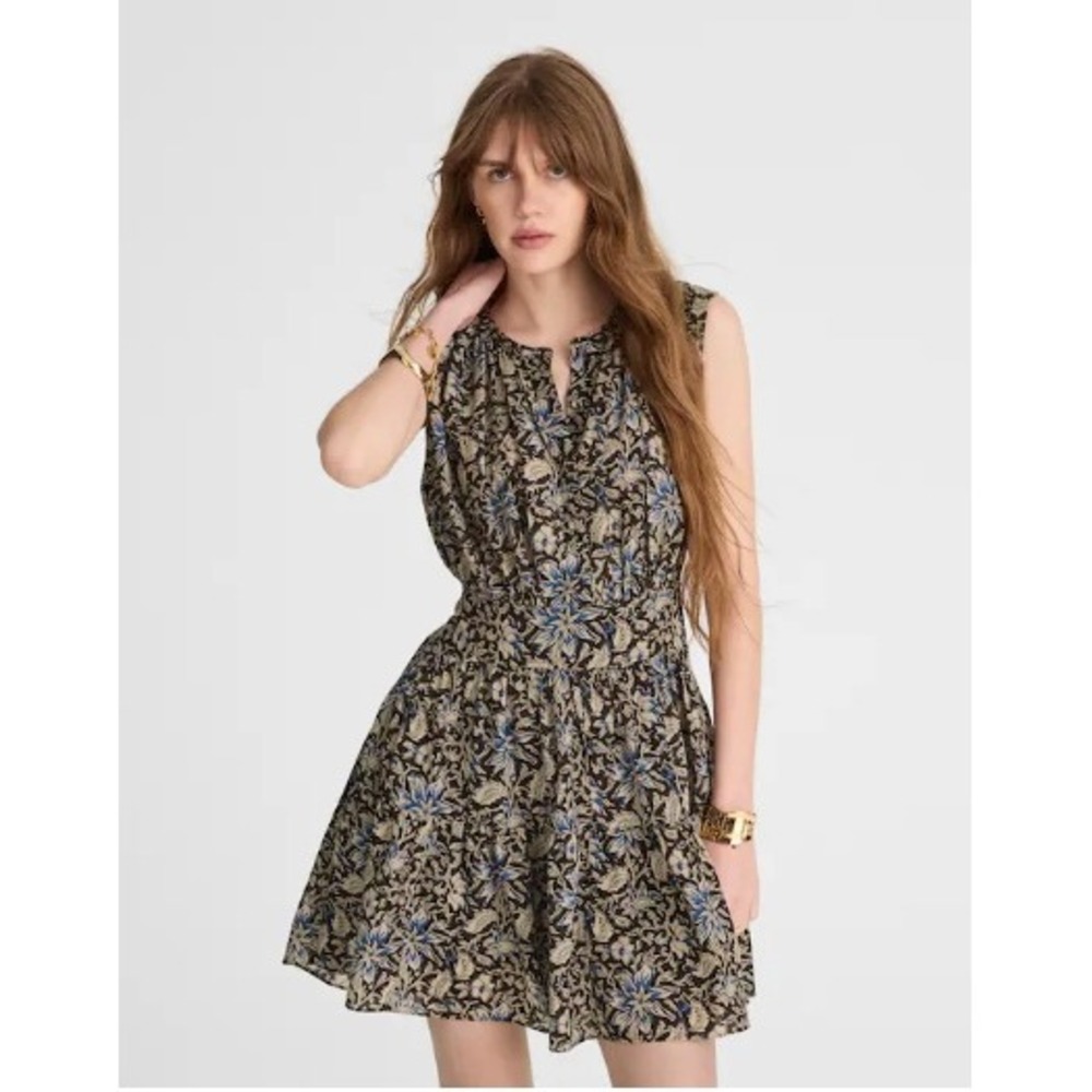 Madewell Gathered Button-Front Mini Dress in Floral Dark Blue Black Tiered XL